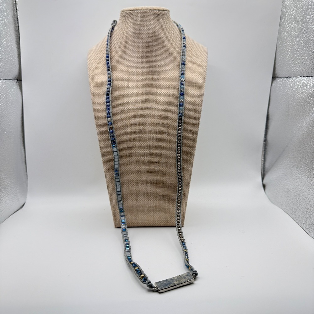 Chan Luu Stone Leather Boho Coastal Lagenlook Beaded Wrap Necklace OS Blue Grey